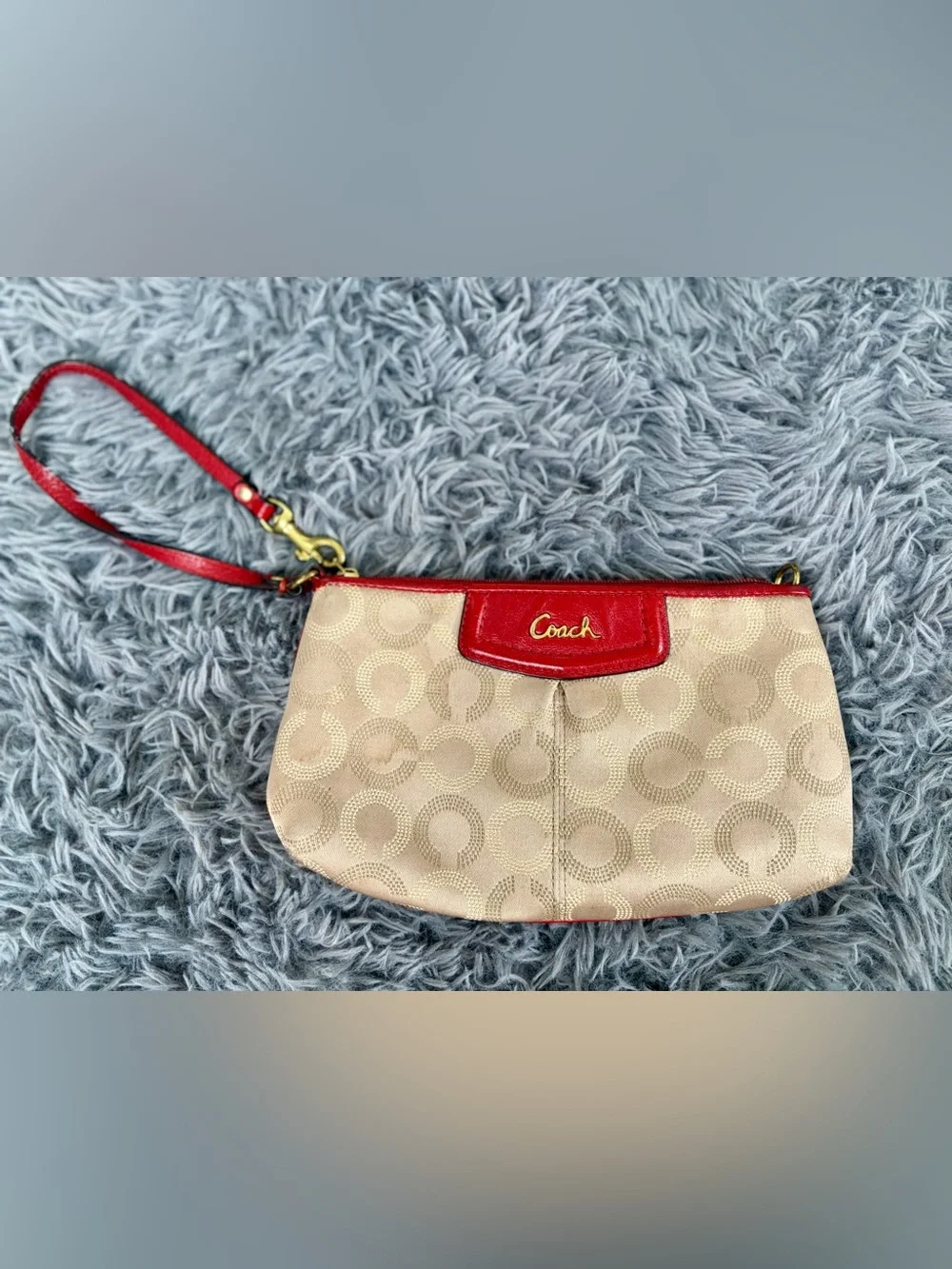Coach Beige Signature Canvas clutch gold with Red Leather Trim good condition